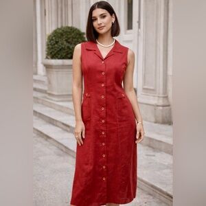 Vintage Sag Harbor Jumper overall Dress Women's Sz 14 Red Linen Blend Sleeveless